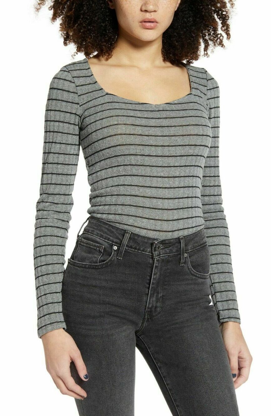 PST Project Social Square Neck Striped Knit Top Grey Black Size Medium NWT